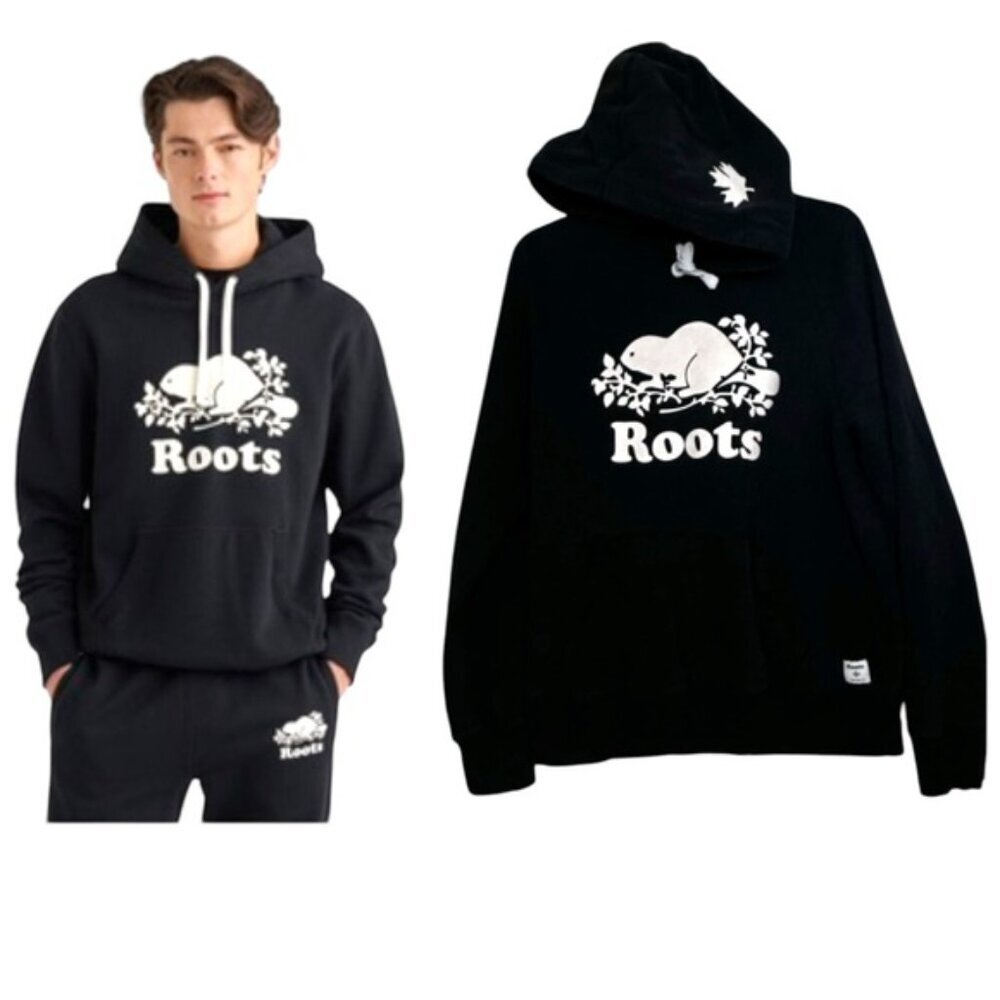 Roots Kanga Hoodie Sweatshirt Top Logo Pocket Fleece Cotton Unisex Logo Preppy S